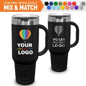 40 oz Handled Snap Lid Tumblers -Mix & Match- Bulk Wholesale Personalized Engraved or Full Color Print Logo