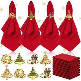 16 PCS Christmas Napkins and Ring Set 8 PCS Red Washable Christmas Napkins Cloth and 8 PCS Christmas Napkin Rings Holder for Christmas Holiday Dinner Party Table Decoration (Xmas Tree, Elk, Stocking)