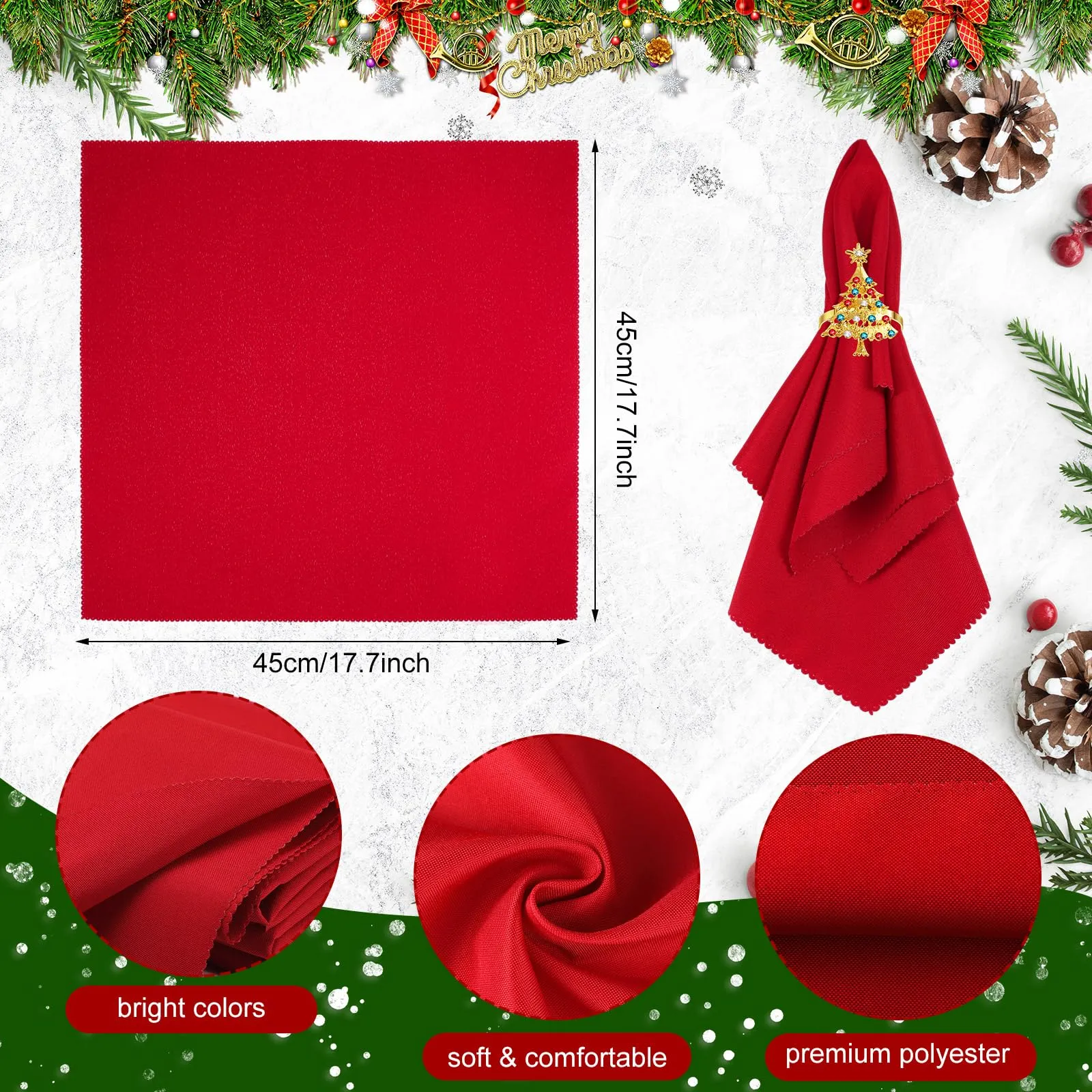 16 PCS Christmas Napkins and Ring Set 8 PCS Red Washable Christmas Napkins Cloth and 8 PCS Christmas Napkin Rings Holder for Christmas Holiday Dinner Party Table Decoration (Xmas Tree, Elk, Stocking)