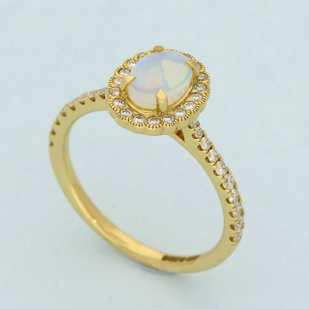 18ct Yellow Gold Oval Opal and Diamond Halo Ring