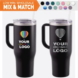 40 oz Handled Straw Lid Tumblers -Mix & Match- Bulk Wholesale Personalized Engraved or Full Color Print Logo