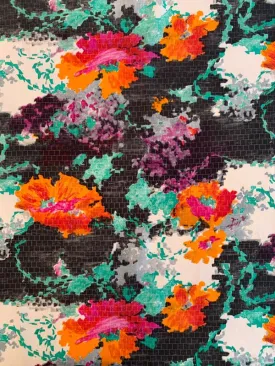 Abstract Floral on Stones Printed Polyester Shirting - Multicolor