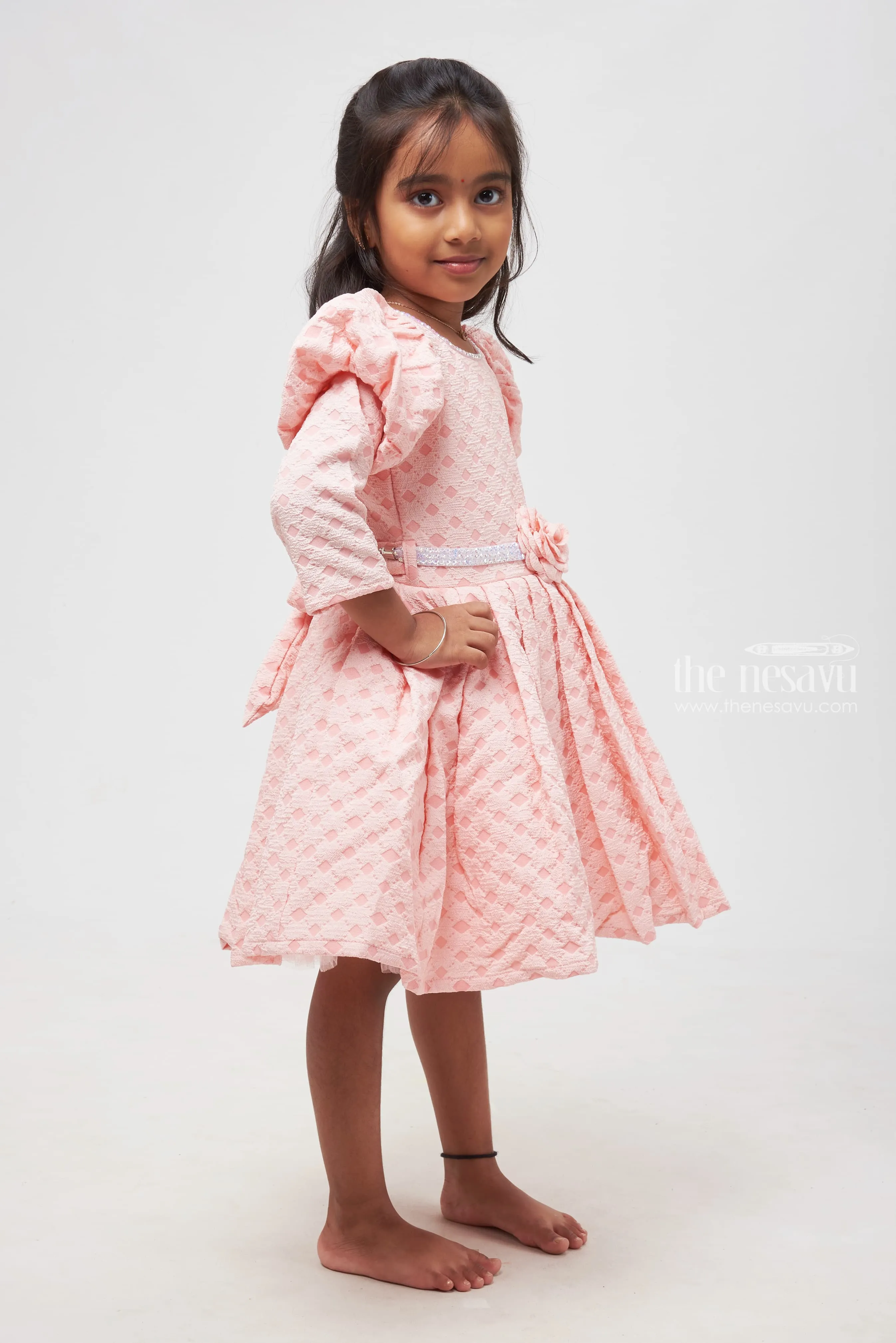 Adorable Pink Dress with Patterned Design & Rose Embellishment for Girls