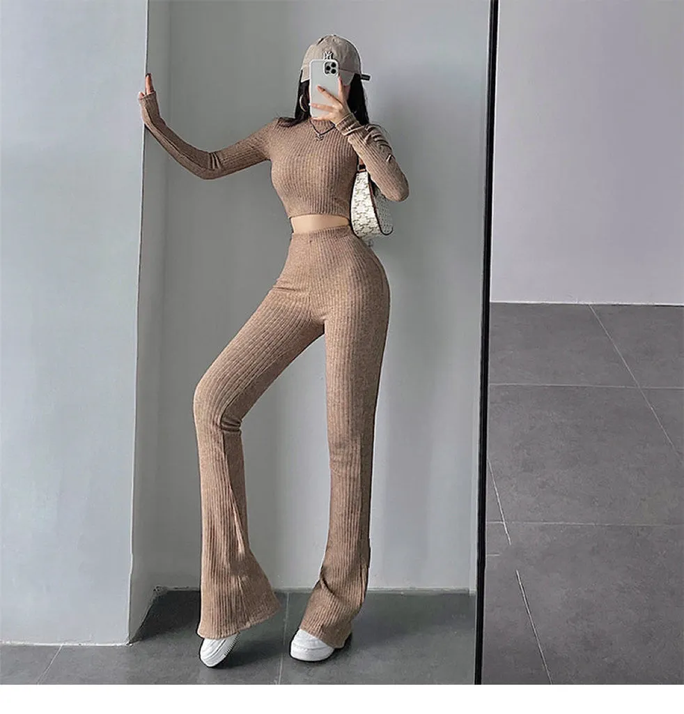 Alias Solid Color Ribbed Slim Long Sleeve Cropped Top High Waist Pants Matching Set