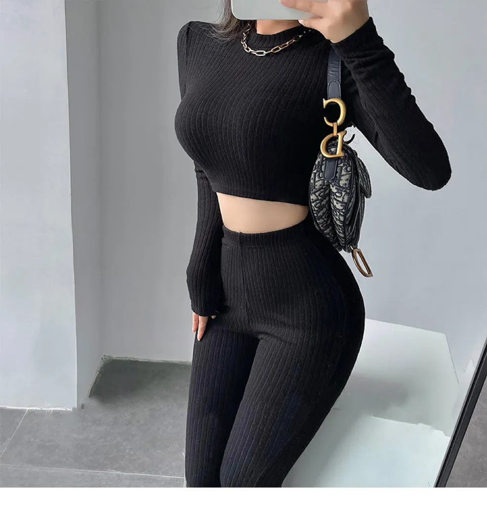 Alias Solid Color Ribbed Slim Long Sleeve Cropped Top High Waist Pants Matching Set