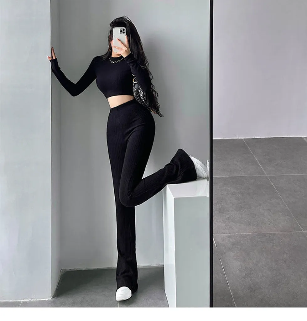 Alias Solid Color Ribbed Slim Long Sleeve Cropped Top High Waist Pants Matching Set