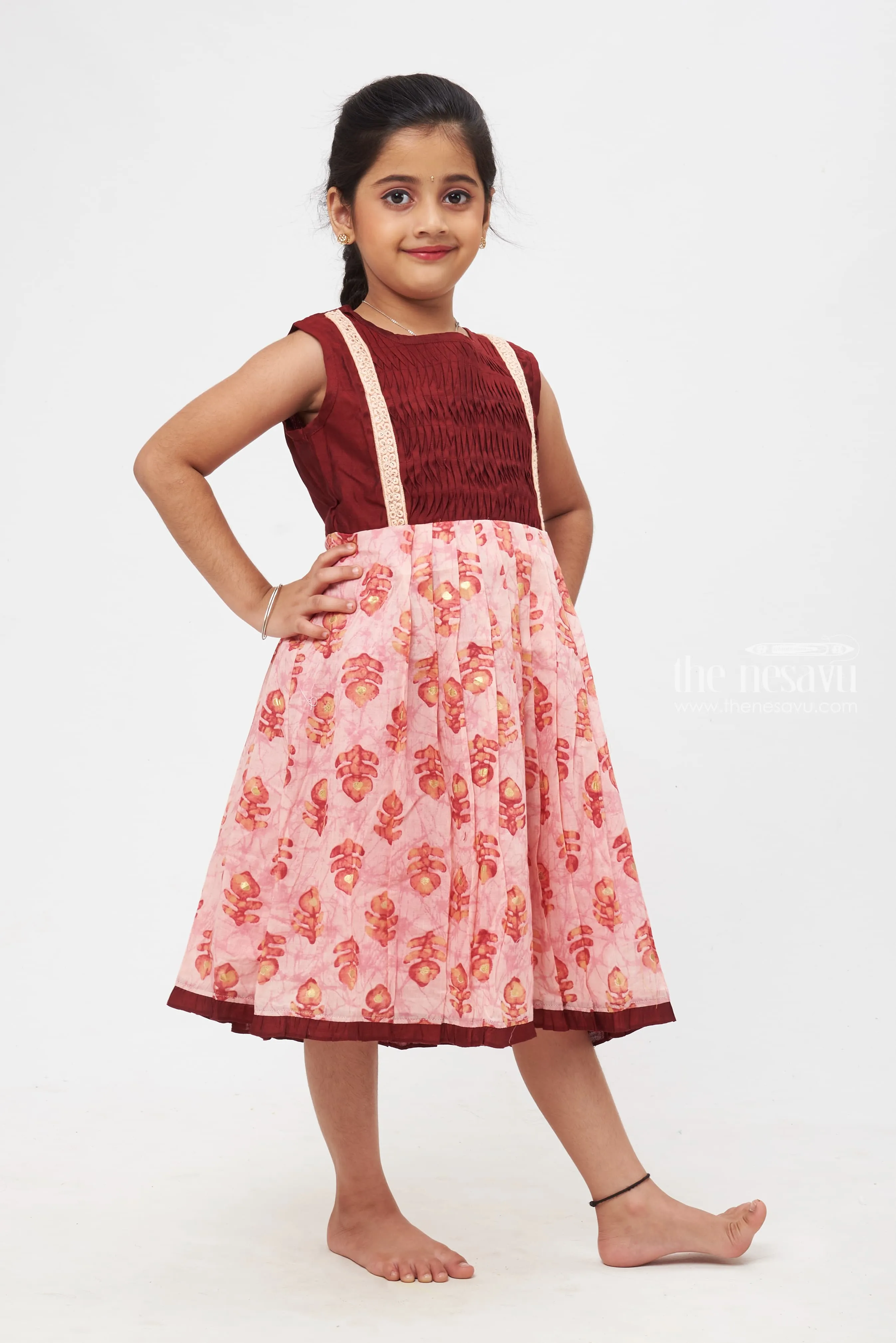 AMQ. Pink Peacock Feather Delight with Lace Accents Cotton Frocks for Girls