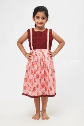 AMQ. Pink Peacock Feather Delight with Lace Accents Cotton Frocks for Girls