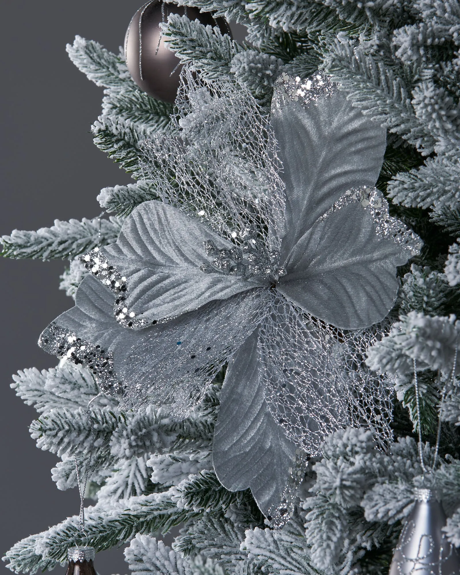 Artificial Poinsettia Flower, Silver, 30 cm