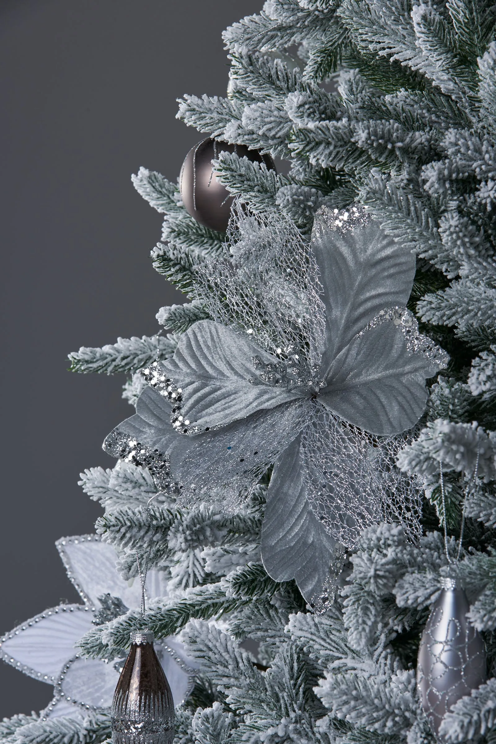 Artificial Poinsettia Flower, Silver, 30 cm