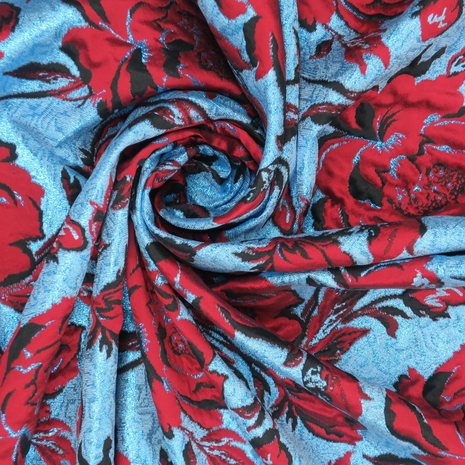 Baby Blue Background and Red Roses Floral Brocade Fabric