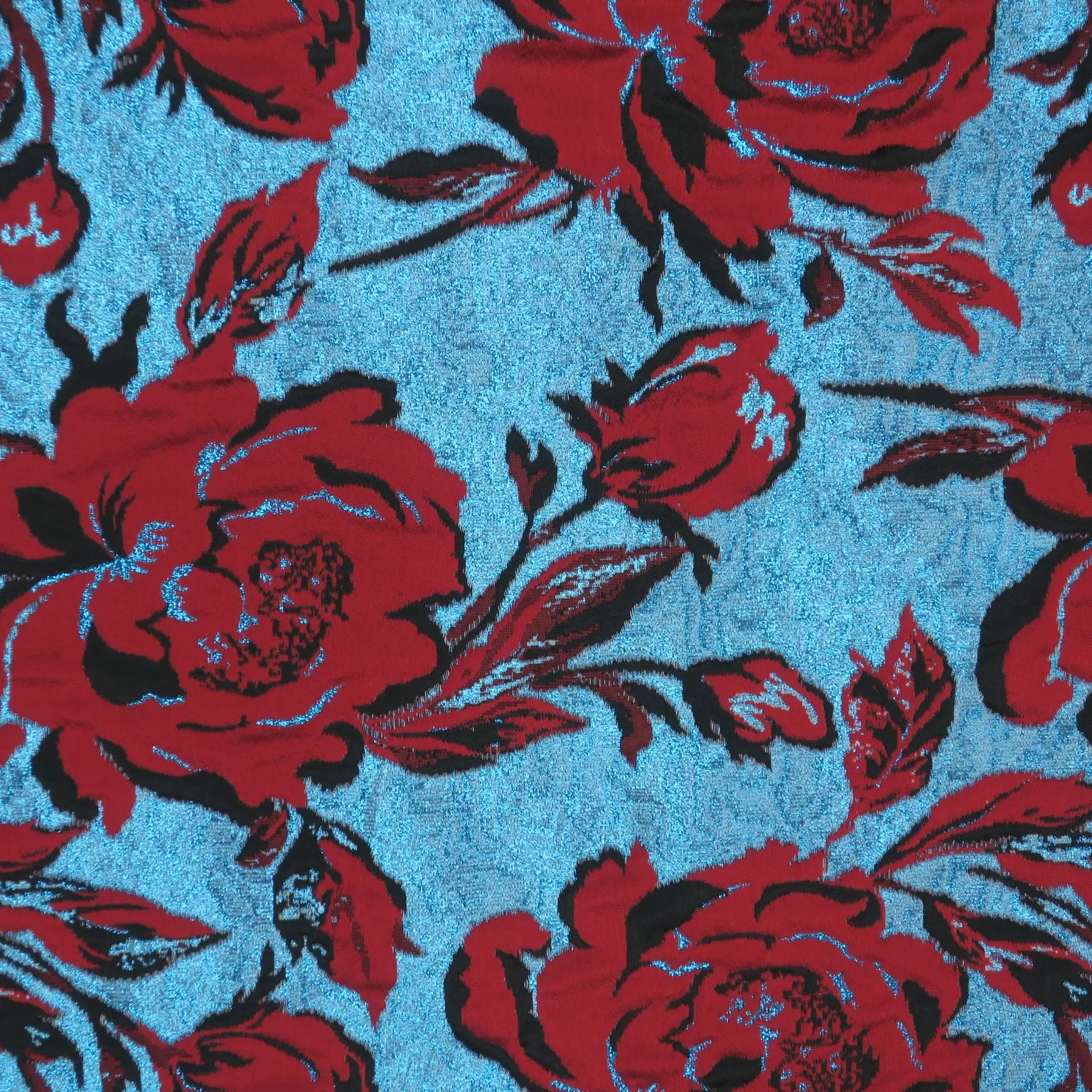 Baby Blue Background and Red Roses Floral Brocade Fabric