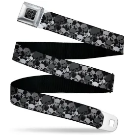 BD Wings Logo CLOSE-UP Black/Silver Seatbelt Belt - Multi Top Skulls Stacked Blak/Gray/White Webbing