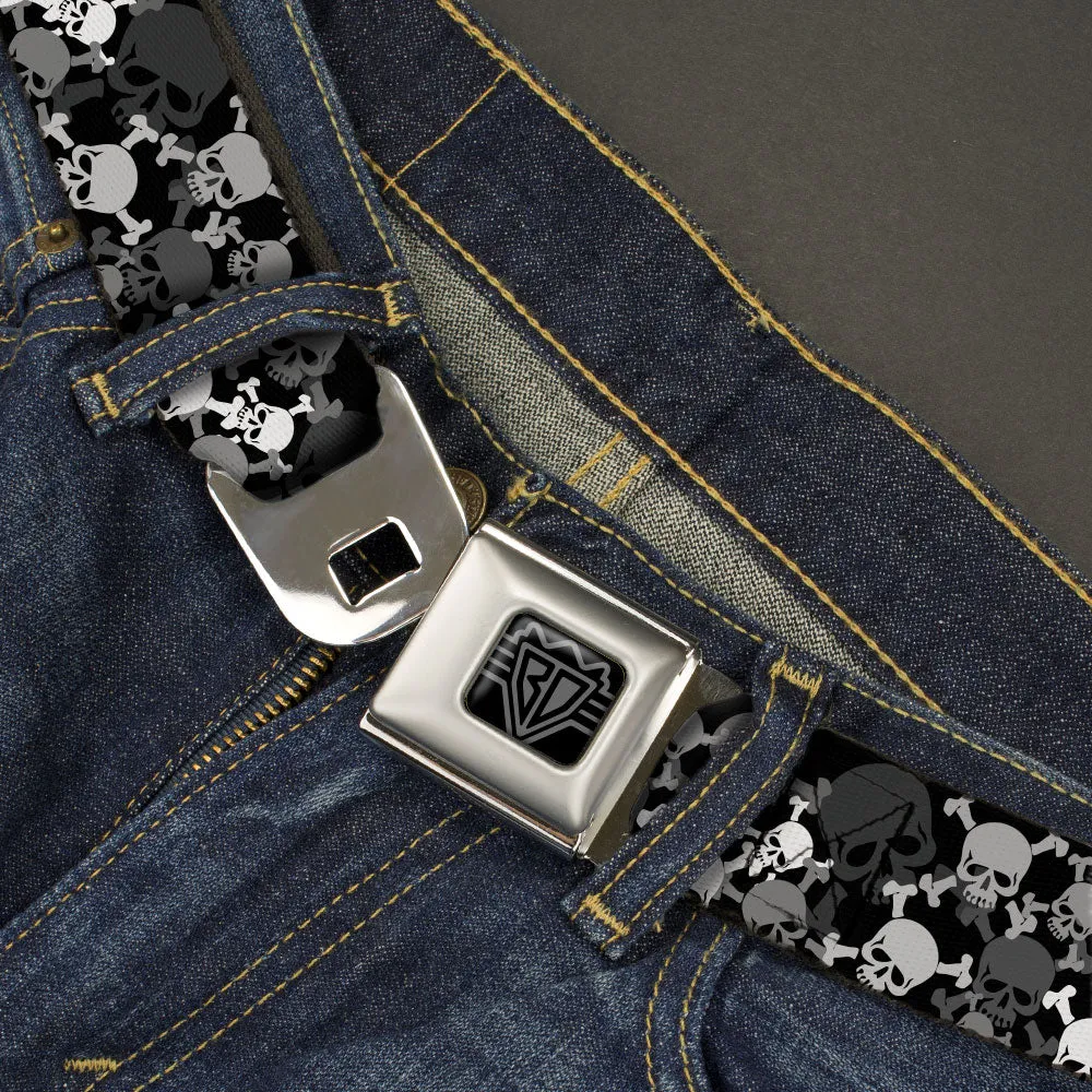 BD Wings Logo CLOSE-UP Black/Silver Seatbelt Belt - Multi Top Skulls Stacked Blak/Gray/White Webbing