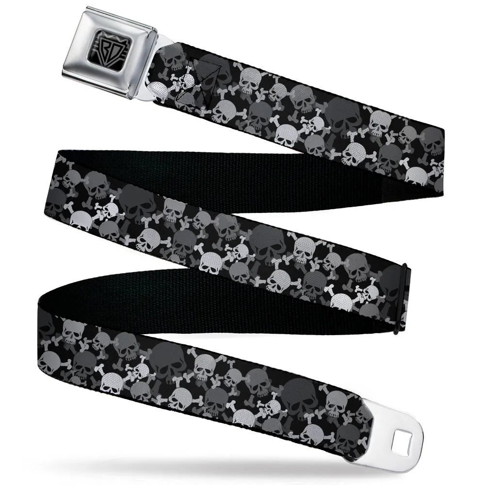 BD Wings Logo CLOSE-UP Black/Silver Seatbelt Belt - Multi Top Skulls Stacked Blak/Gray/White Webbing