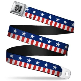 BD Wings Logo CLOSE-UP Full Color Black Silver Seatbelt Belt - Americana Stars & Stripes2 Blue/White/Red/White Webbing