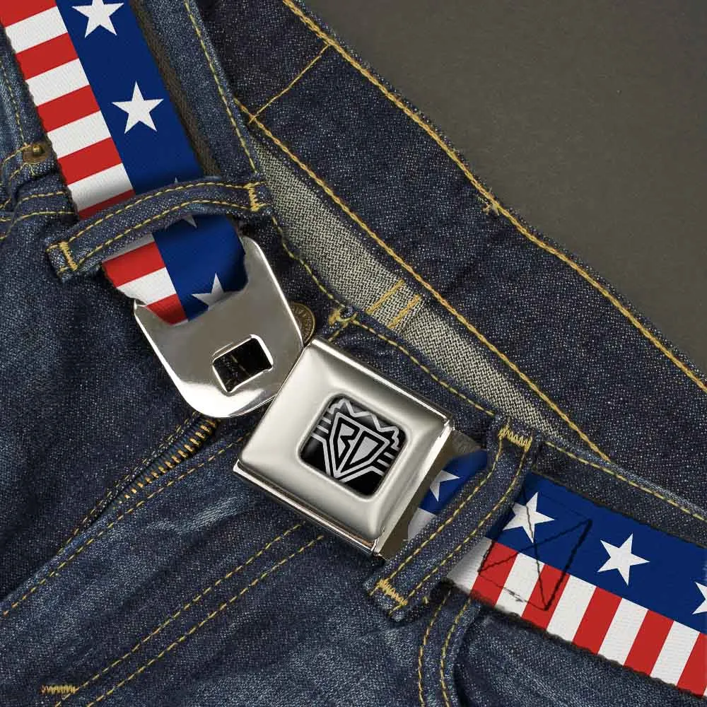 BD Wings Logo CLOSE-UP Full Color Black Silver Seatbelt Belt - Americana Stars & Stripes2 Blue/White/Red/White Webbing