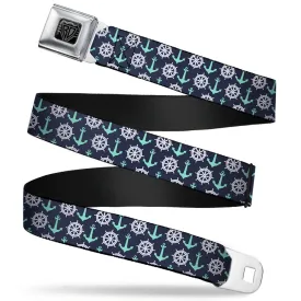 BD Wings Logo CLOSE-UP Full Color Black Silver Seatbelt Belt - Anchor2/Helm Monogram Navy/Turquoise/White Webbing