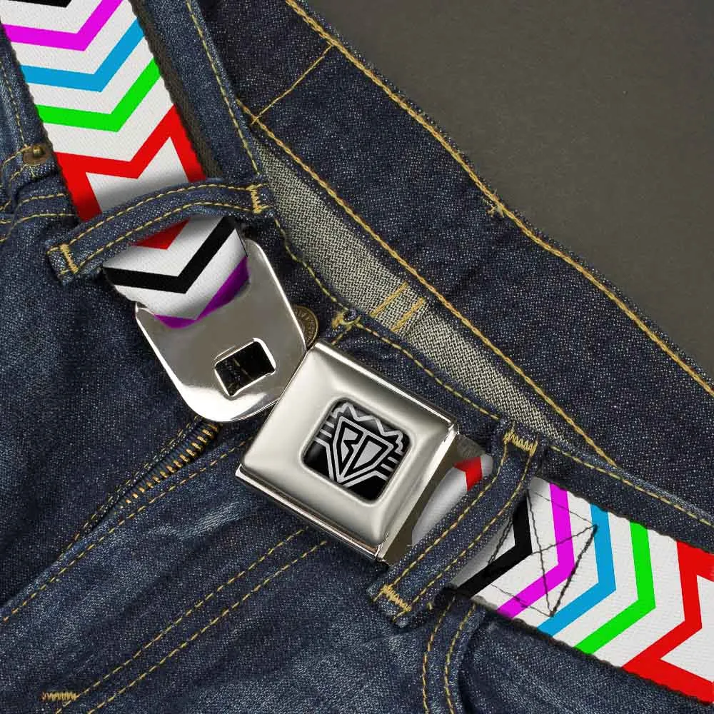 BD Wings Logo CLOSE-UP Full Color Black Silver Seatbelt Belt - Arrows White/Multi Color Webbing