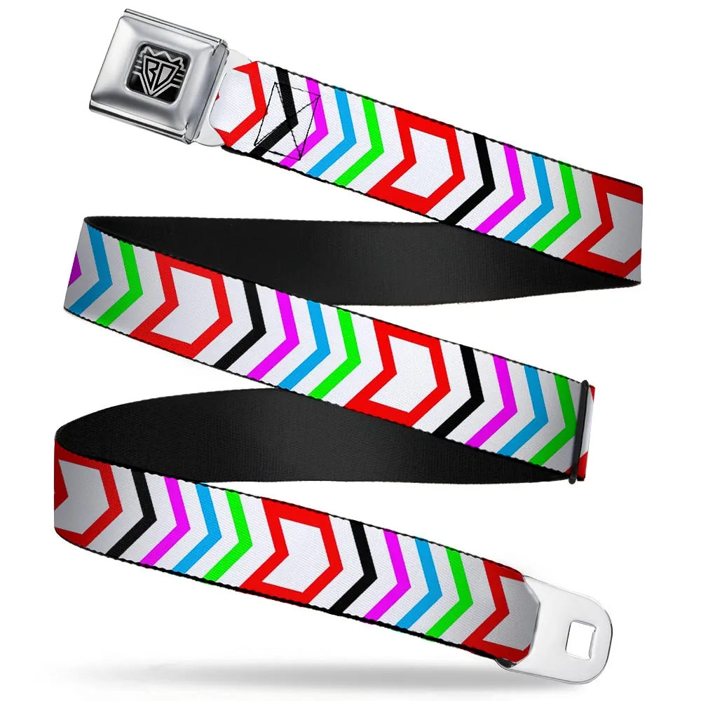 BD Wings Logo CLOSE-UP Full Color Black Silver Seatbelt Belt - Arrows White/Multi Color Webbing