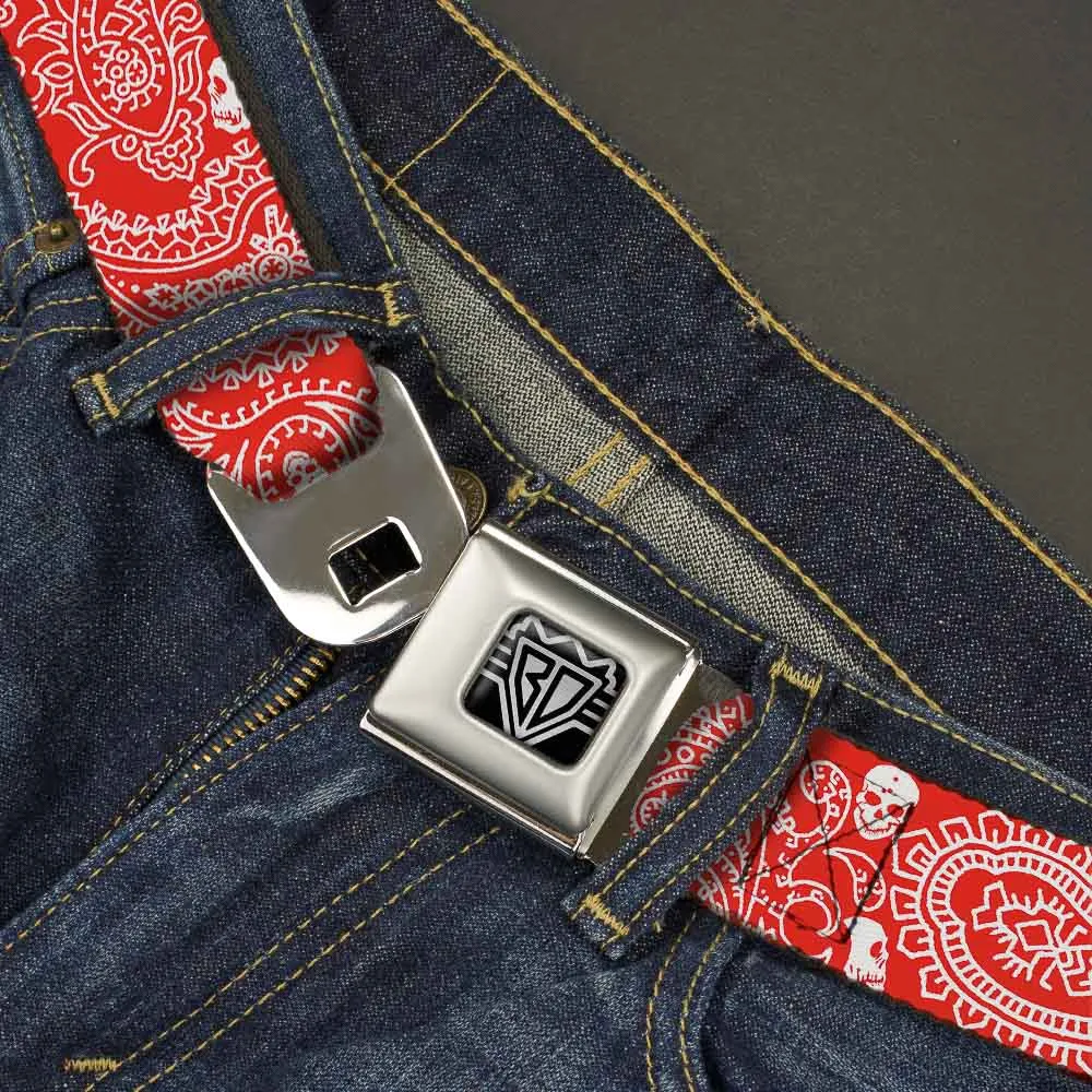 BD Wings Logo CLOSE-UP Full Color Black Silver Seatbelt Belt - Bandana/Skulls Red/White Webbing