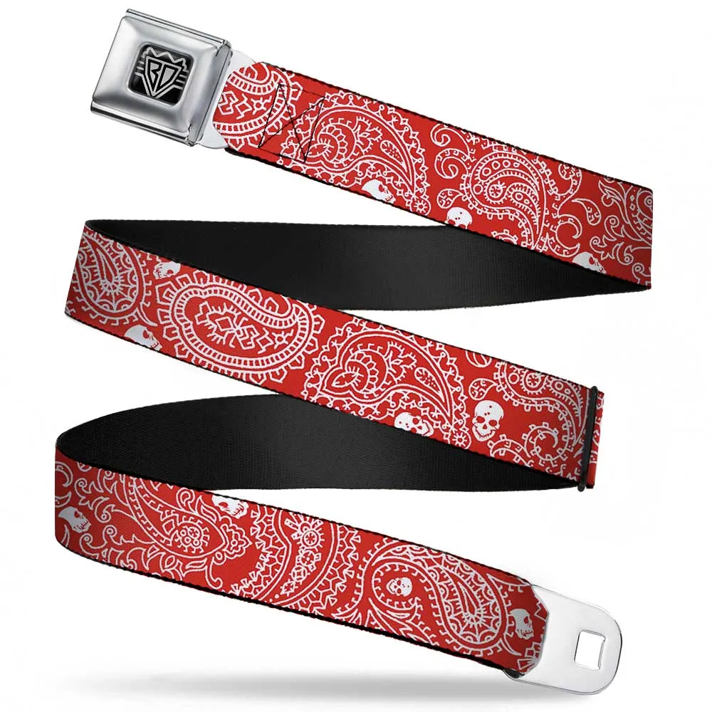 BD Wings Logo CLOSE-UP Full Color Black Silver Seatbelt Belt - Bandana/Skulls Red/White Webbing