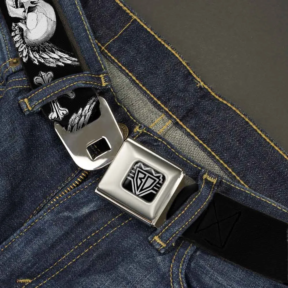 BD Wings Logo CLOSE-UP Full Color Black Silver Seatbelt Belt - BD Skulls w/Wings Black/White Webbing