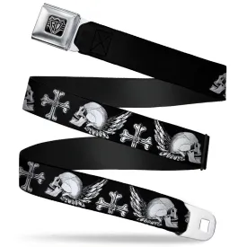 BD Wings Logo CLOSE-UP Full Color Black Silver Seatbelt Belt - BD Skulls w/Wings Black/White Webbing