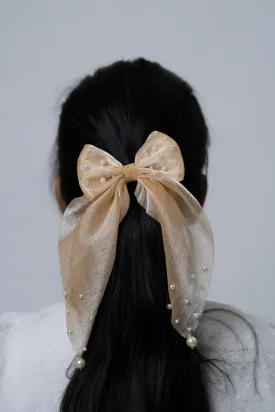 Beige Sparkle Bow Hairband with Pearl Detailing