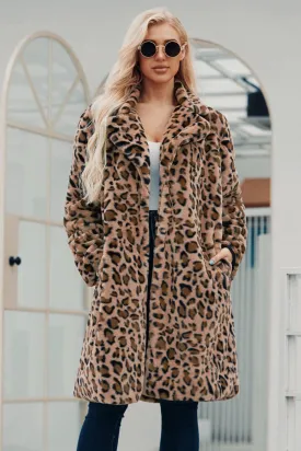 BerryBetty - Brown Notched Lapel Leopard Printed Long Women Faux Fur Coat