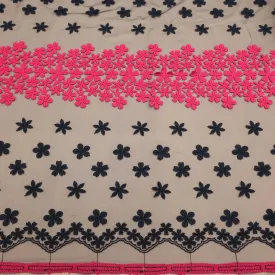 Black and Pink Floral Embroidered Tulle Fabric