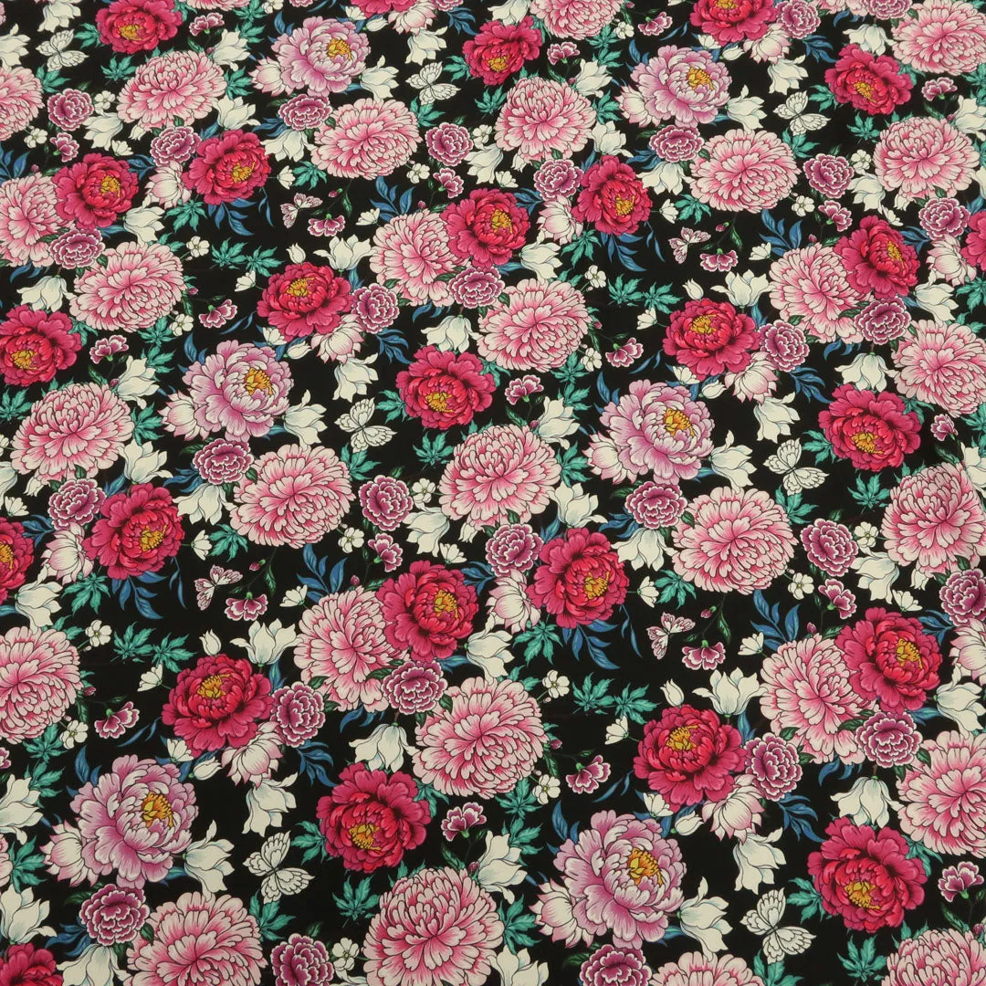 Black Background with Pink and Fuchsia Floral Printed Fabric