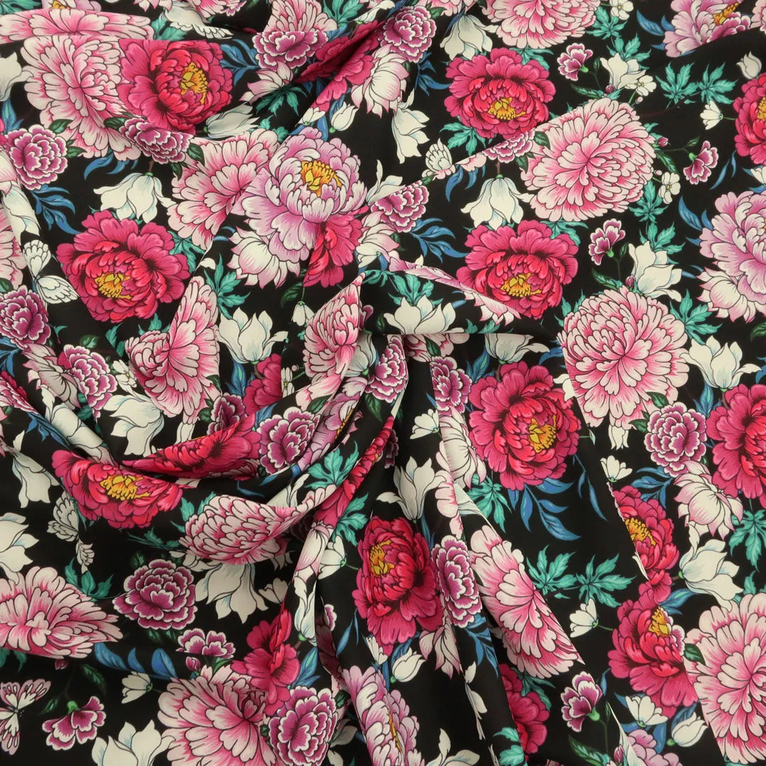 Black Background with Pink and Fuchsia Floral Printed Fabric