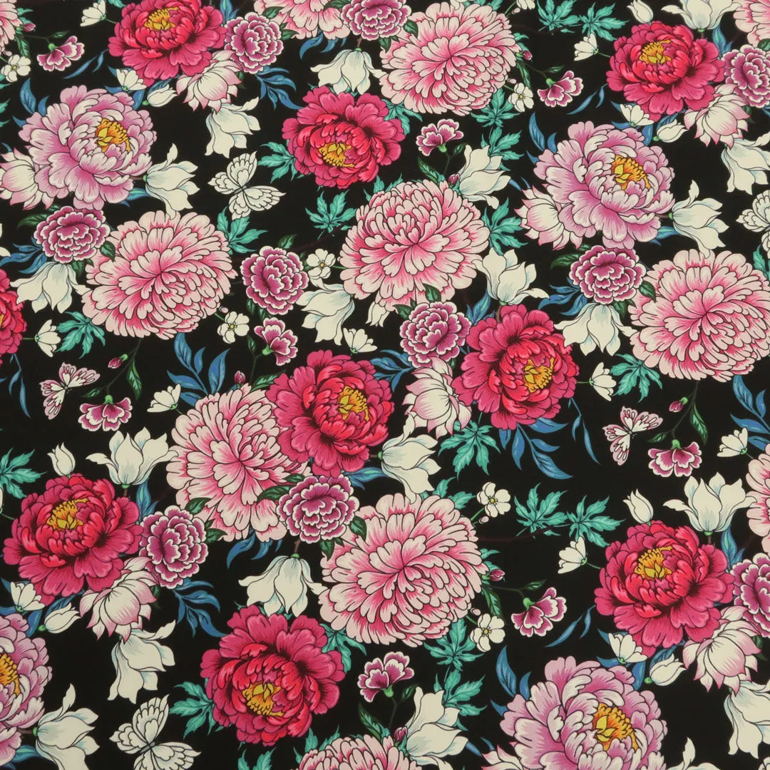 Black Background with Pink and Fuchsia Floral Printed Fabric