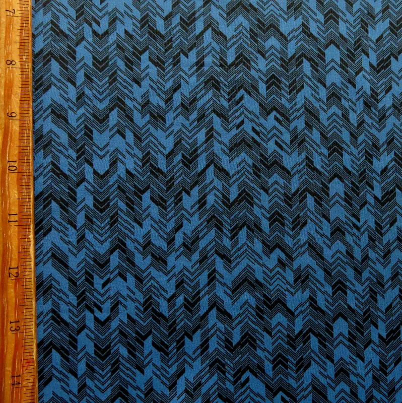 Black Chevrons on Cadet Blue Poly Spandex Knit Fabric