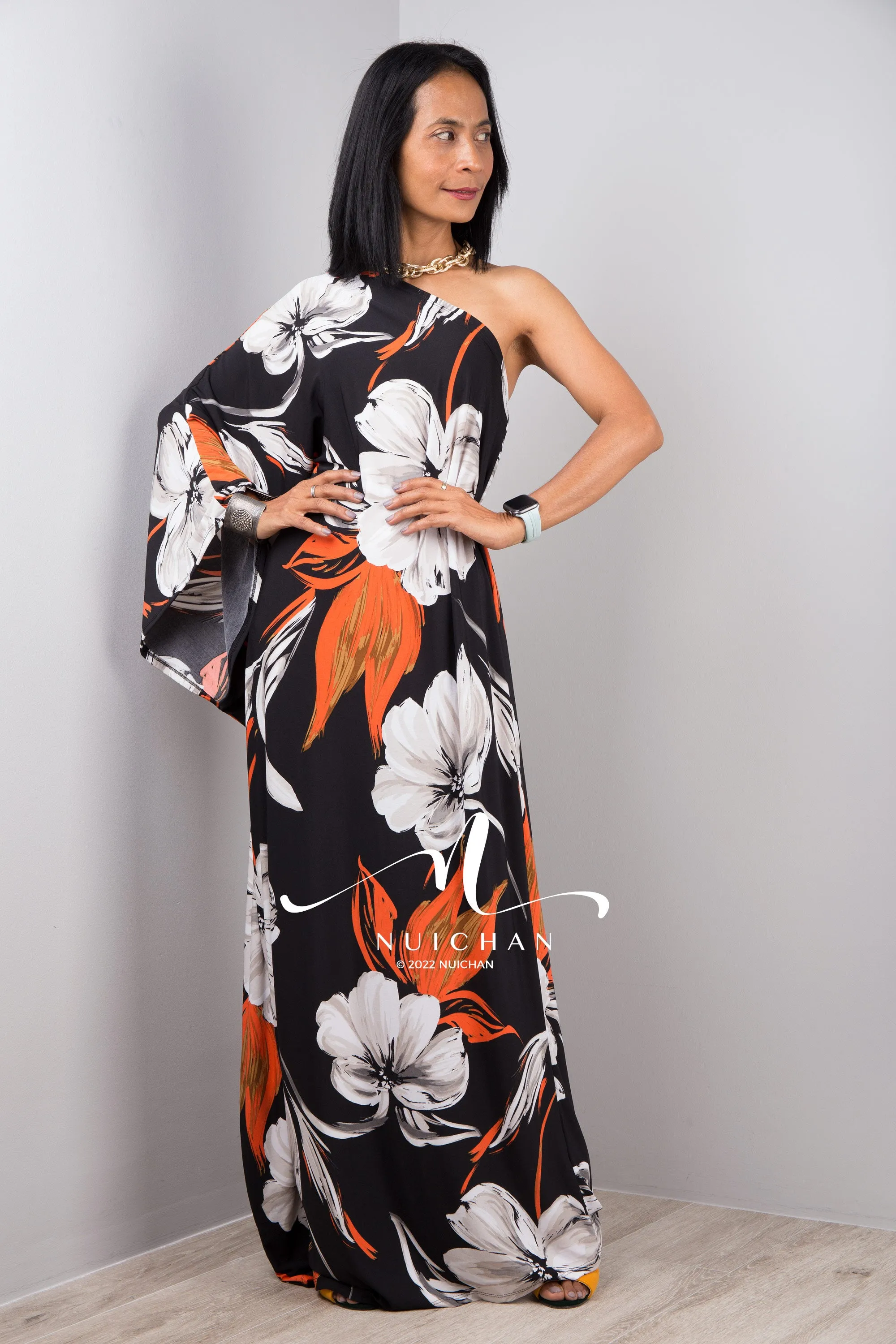 Black One shoulder dress with flower print