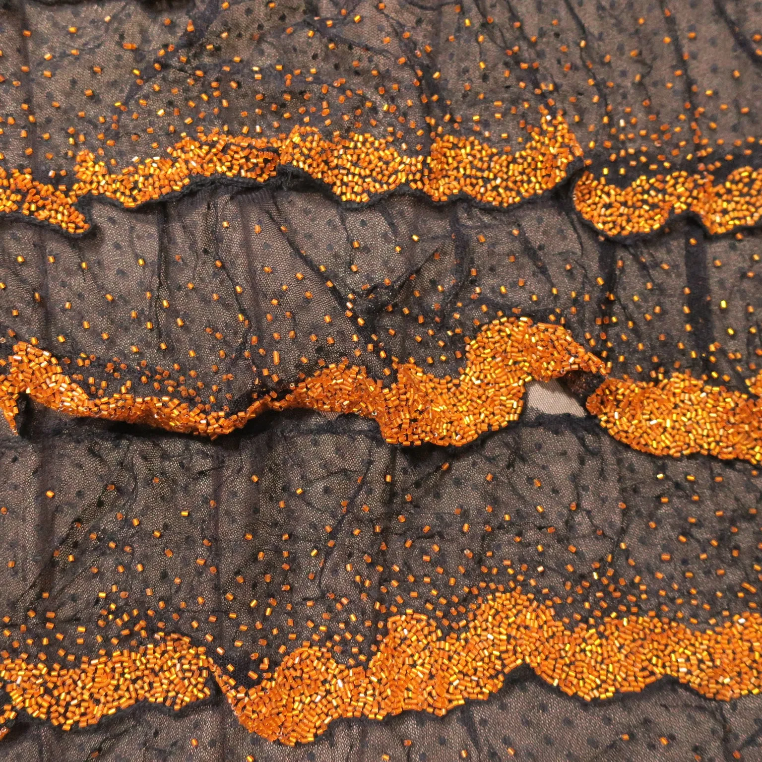 Black with Orange Accents Abstract Embroidered Tulle Fabric