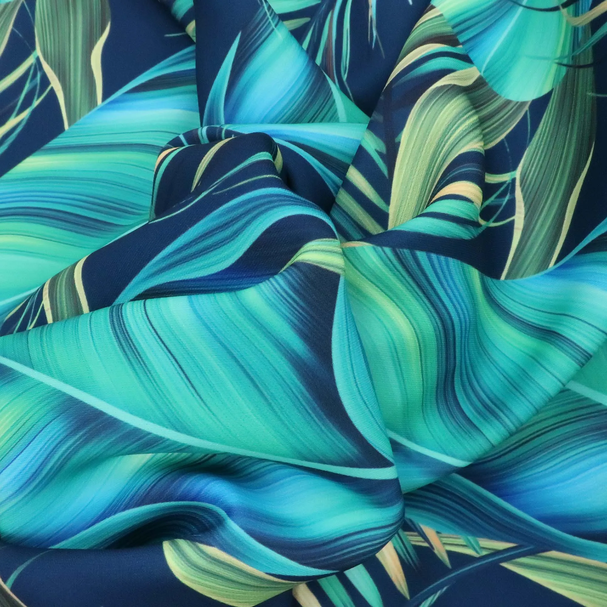 Blue Multicolored Leaves Printed Polyester