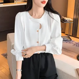 Casual Hollow Shirt Elegant Office Lady Tops Autumn Long Sleeve Blouse Fashion Chic Round Collar Solid Loose Women Clothes