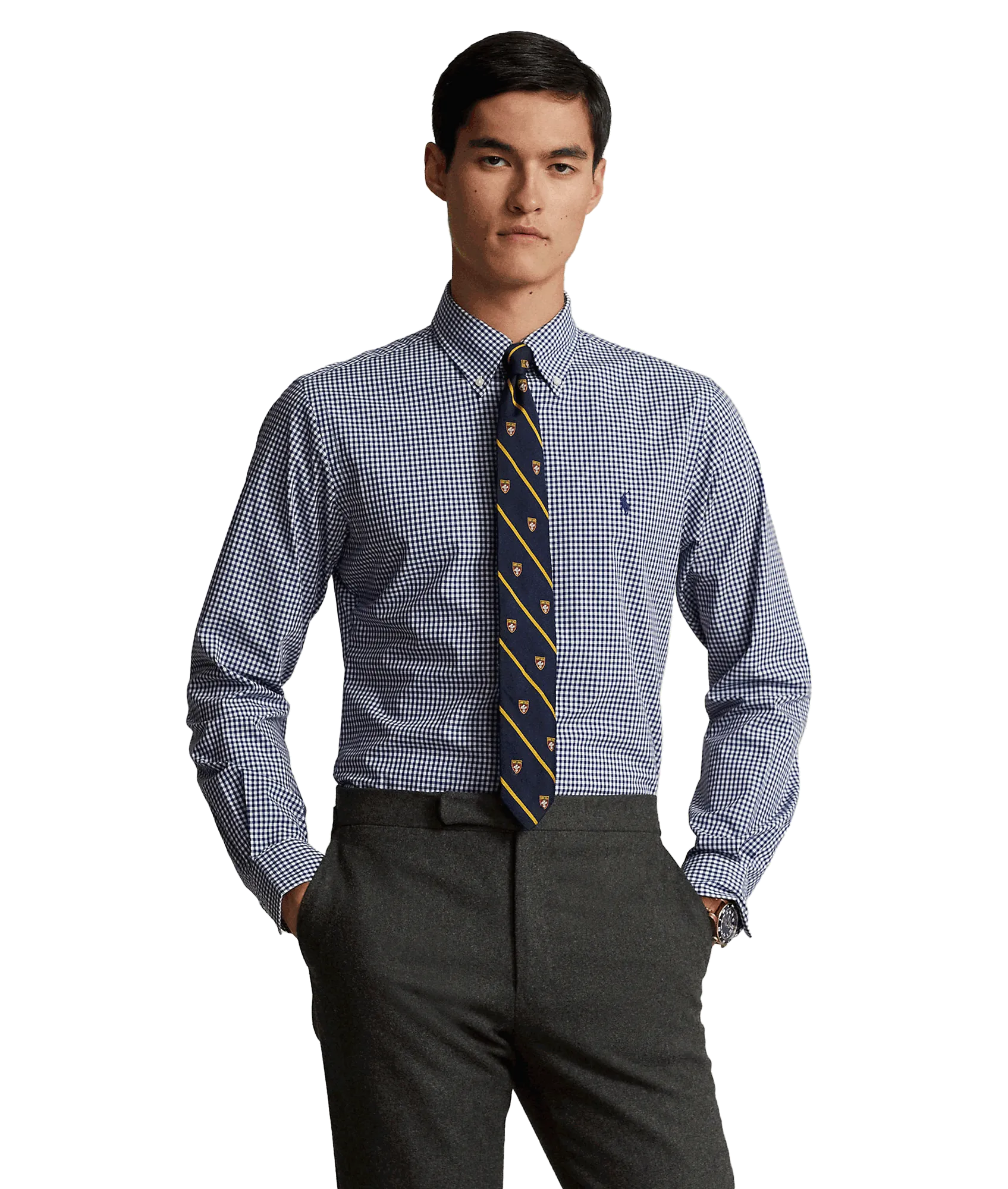 Custom Fit Gingham Stretch Poplin Shirt - Navy