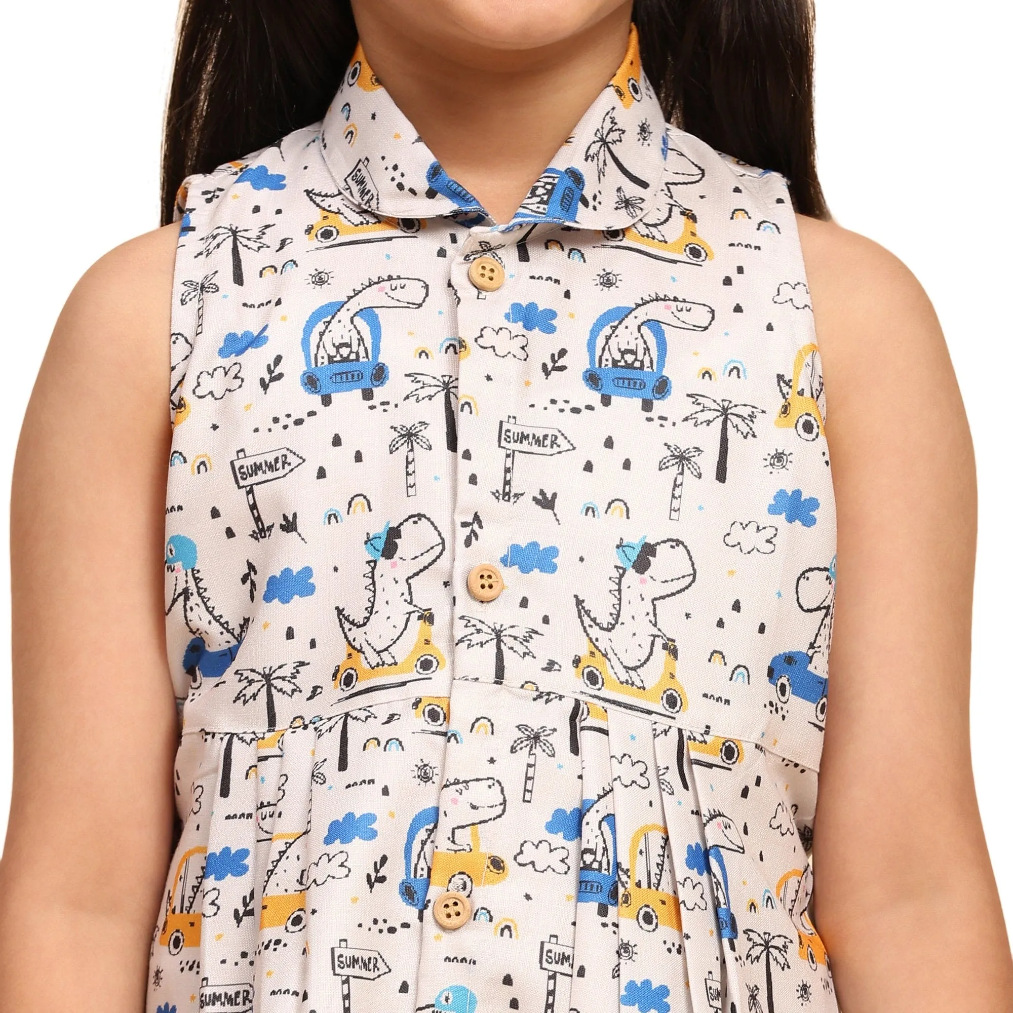 Dino on Car Print Blend Linen Dress