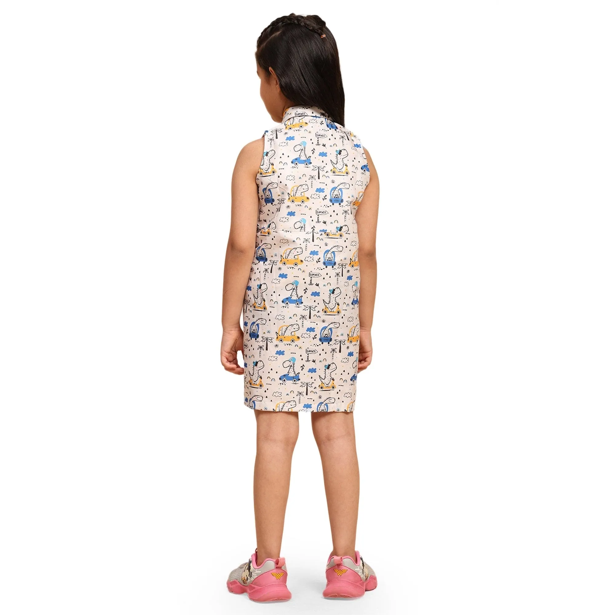 Dino on Car Print Blend Linen Dress