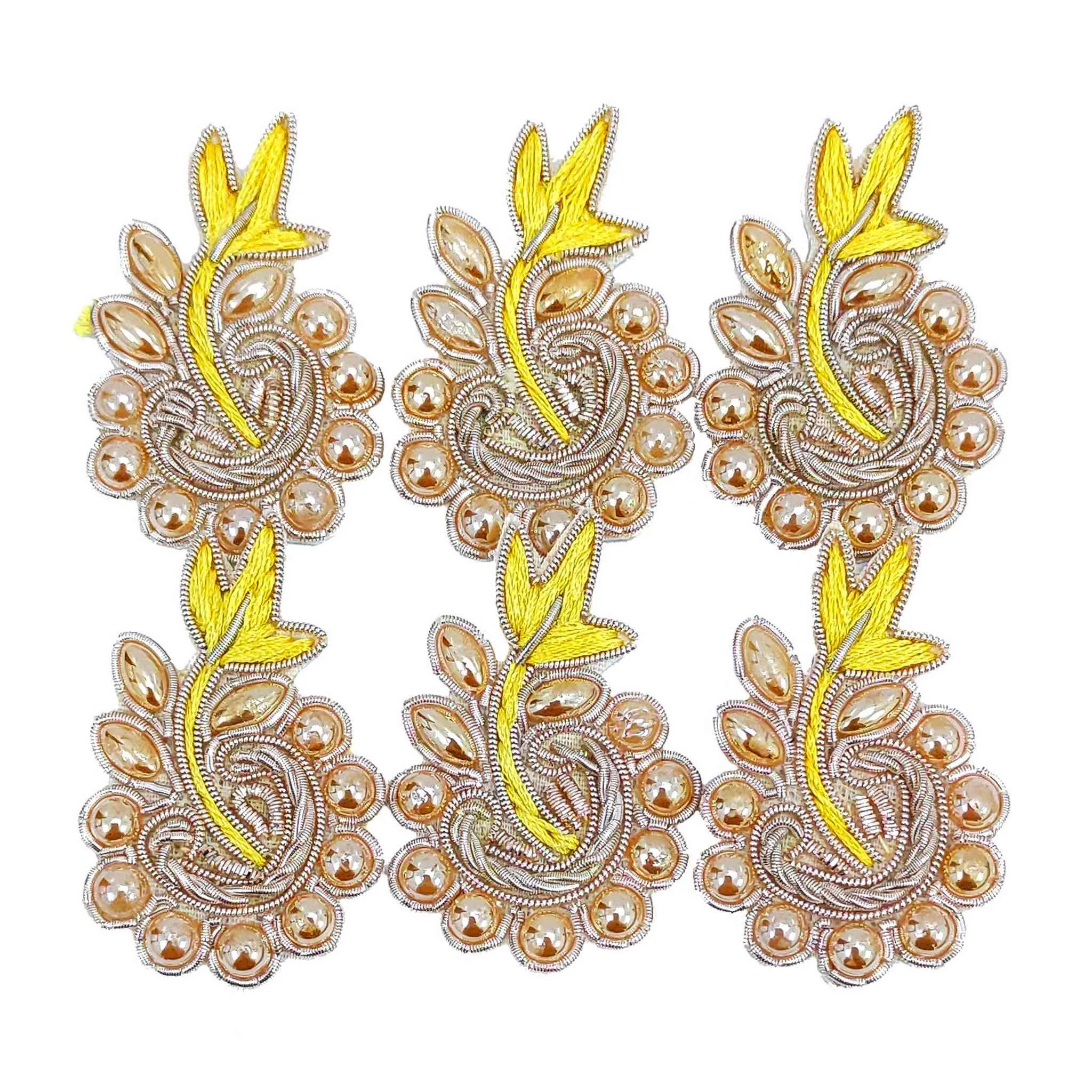 Elegant Handcrafted Golden Pearl and Yellow Embroidery Appliques for Fashion Decoration