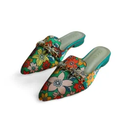 Floral Mules with Rhinestone Bee Embellishment -1013