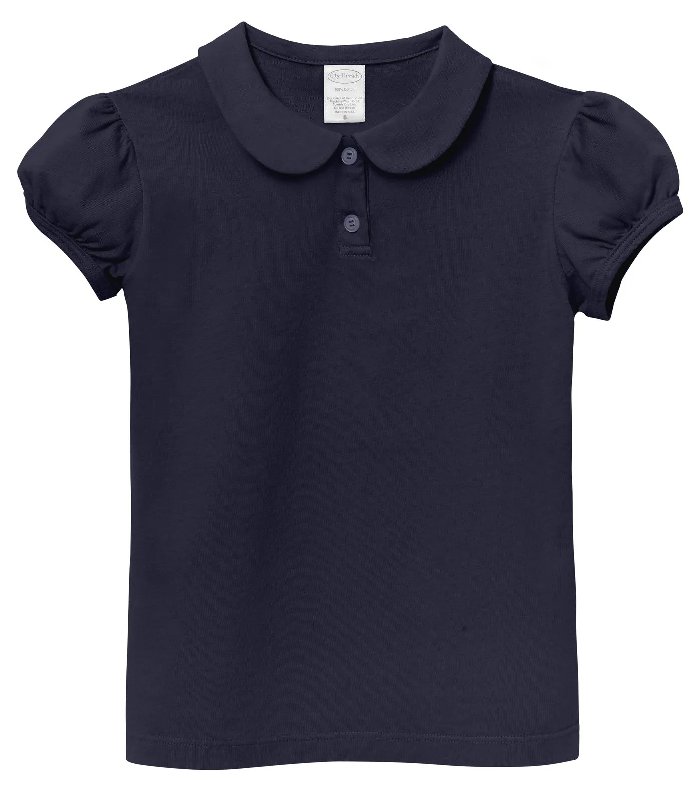 Girls Soft Cotton Jersey Peter Pan Collar Polo Puff Short Sleeve Tee-Seconds | Damage Dark Navy