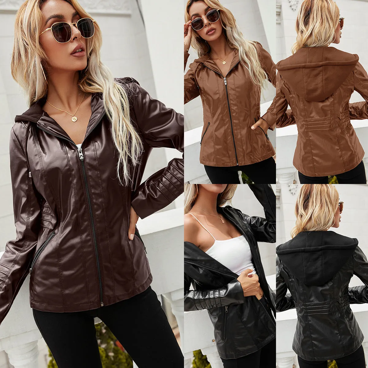 Hooded Zipper Long Sleeve Solid Color Women's Leather Jacket