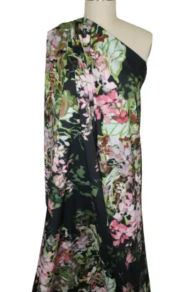 Italian Floral Crepe de Chine - Greens/Lilac on Black