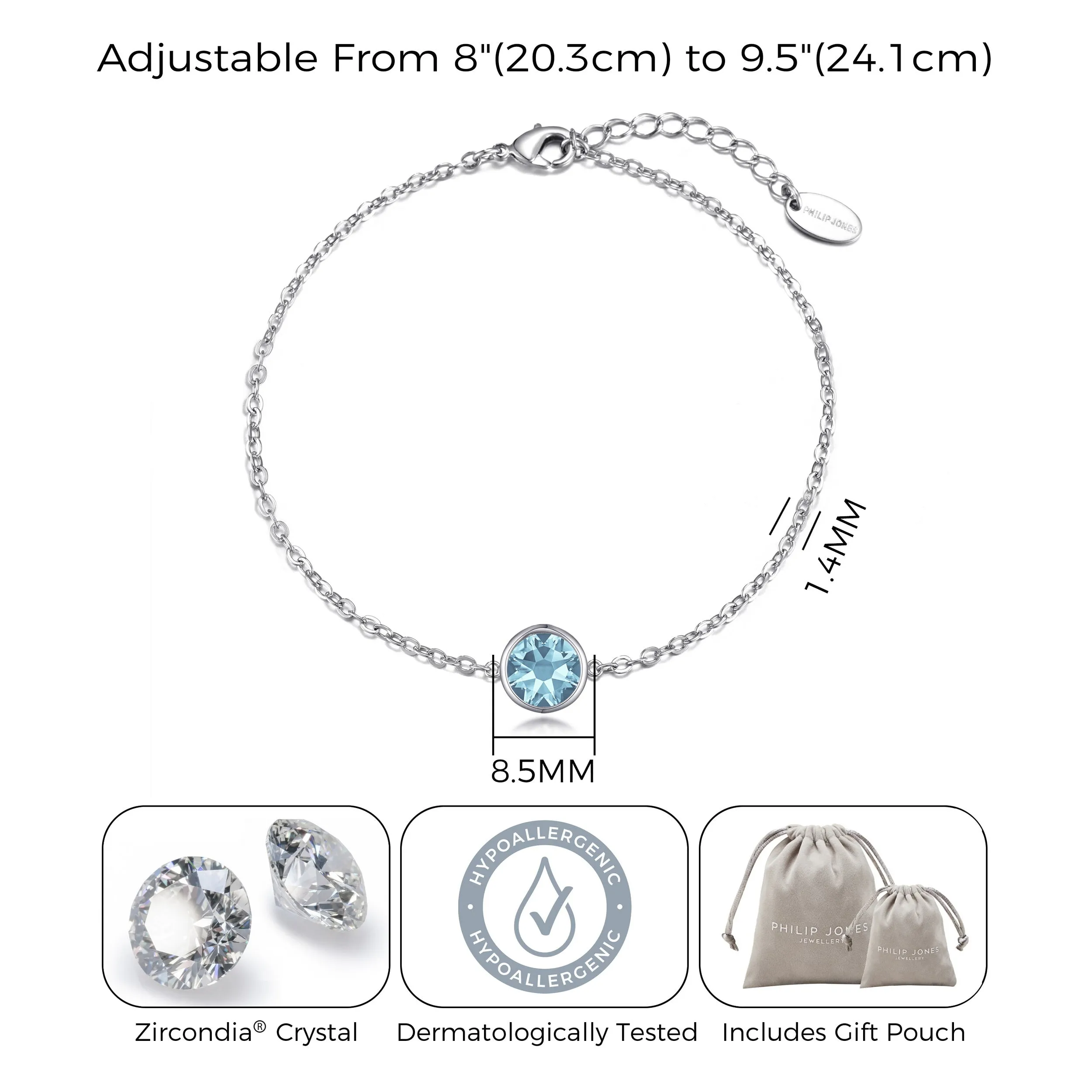 March (Aquamarine) Birthstone Anklet Created with Zircondia® Crystals