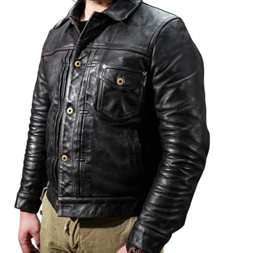 Men's Cowhide Leather Jacket (Genuine Heavy Leather), Slim Fit, Button Closure