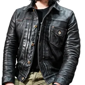 Men's Cowhide Leather Jacket (Genuine Heavy Leather), Slim Fit, Button Closure